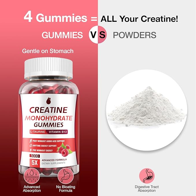 Creatine Gummies for Men &amp Women - Creatine Monohydrate Gummies 5g Low Sugar Creatine Supplement for Muscle Builder Energy Boost &amp Pre-Workout Supplement Raspberry Flavor 160 Gummies (2 Bo