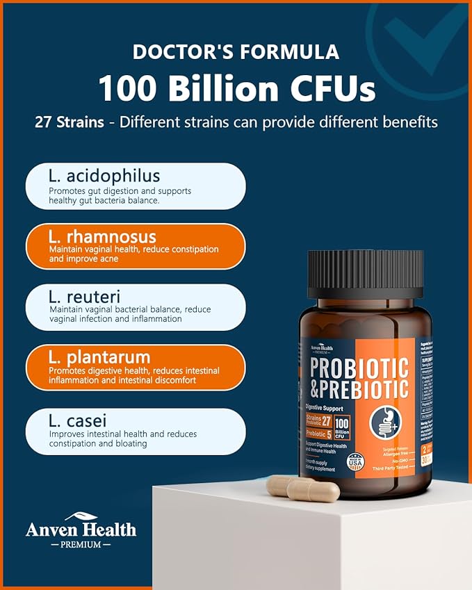 100 Billion Probiotics for Men and Women 27 Strains 5 Organic Prebiotics for Gut Digestive &amp Immune Health Supports Diarrhea Gas Bloating Non-GMO Zero Fillers – Made in USA丨120 Caps
