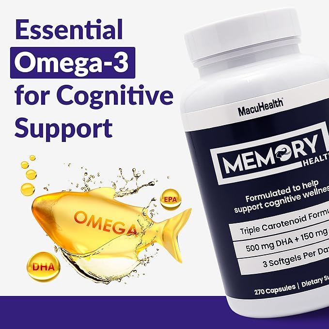 Memory Health Softgels with Omega-3 Carotenoids and Vitamin E – Designed for Mental Focus Energy and Enhanced Clarity - (270 Softgels 90 Days Supply)