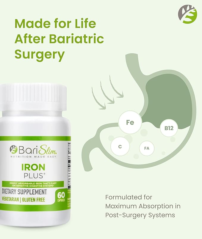 BariSlim Iron Plus Capsules - Formulated for Patients After Weight Loss Surgery Including Gastric Bypass &amp Gastric Sleeve – Easy Digestion &amp Comprehensive Health Support | 2 Month Supply (60 S