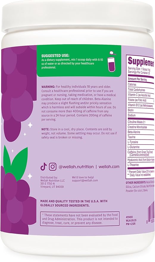 Wellah Pre-Workout + Creatine Powder (30 Servings) Grape - 200mg Caffeine 3g Creatine Monohydrate 5g Citrulline Malate Pre-Workout with Creatine Supplement