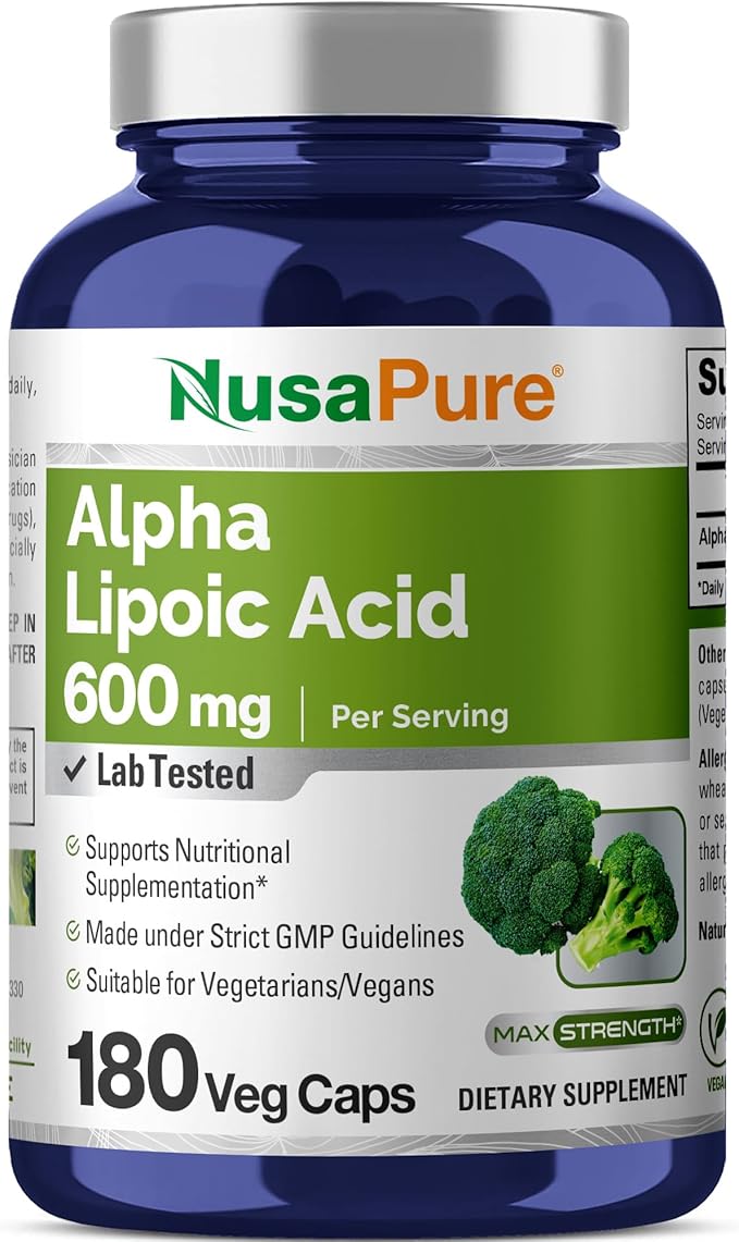 NusaPure Alpha Lipoic Acid 600 mg per Serving 180 Veggie Capsules (Vegetarian Non-GMO Vegan)