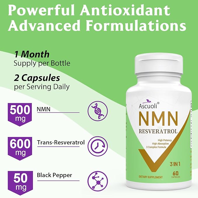 99% Ultra Purity NMN 500mg + Trans-Resveratrol 600mg 1150mg NMN Resveratrol Supplement 3-in-1 Advanced Formula for Boost* NAD Cell Immune Energy &amp Muscle Healthy Aging Stabilized Form 120