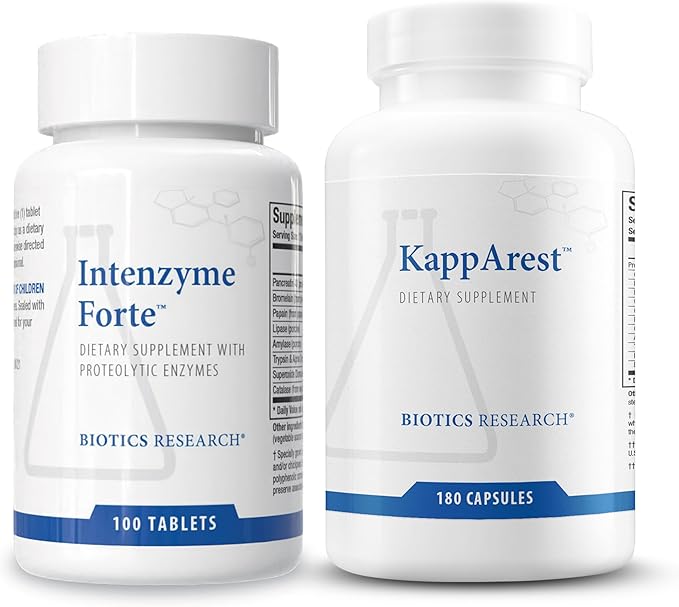 Biotics Research Intenzyme Forte™ Proteolytic Enzymes for Protein Digestion Immune &amp Circulatory Support + KappArest™ Turmeric &amp Boswellia Antioxidant Joint Support – 100 Tabs + 180 Caps