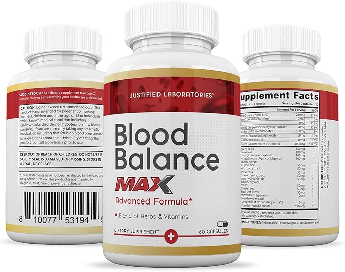 Justified Laboratories (3 Pack Blood Balance Max 1295MG Formula Supplement Pills 180 Capsules