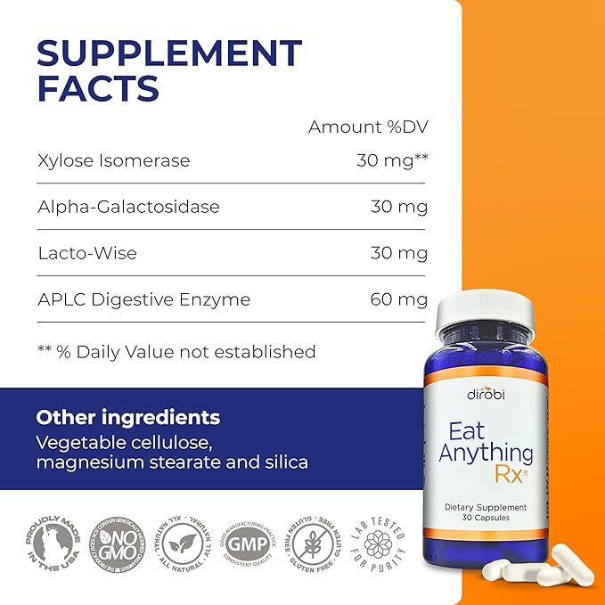 Dirobi Eat Anything Xylose Isomerase Fructose Malabsorption Enzymes FODMAP Supplement Digestive Enzymes for Better Lactose Fat Protein &amp Carbohydrate Digestion Gas &amp Bloating Relief 30 Cap