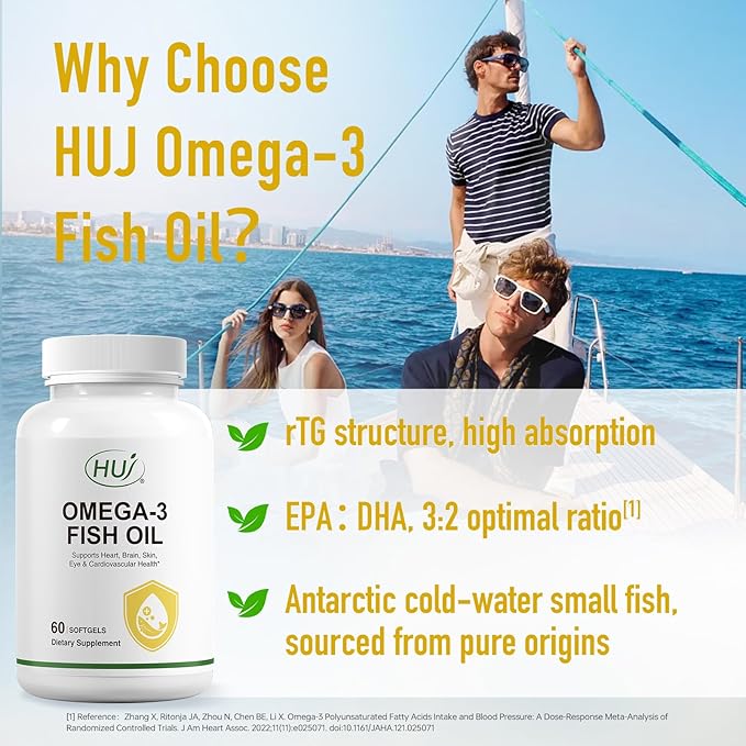 HUJ Omega 3 Fish Oil 1000mg Softgels - EPA+DPA Fish Oil Omega 3 for Heart Brain Skin Eyes &amp Cardiovascular Support *- 60 Softgels