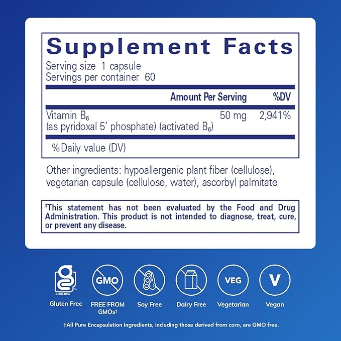 Pure Encapsulations P5P 50 - Active Vitamin B6 - Supports Energy Metabolism &amp Brain Health* - Gluten Free &amp Non-GMO - 60 Capsules