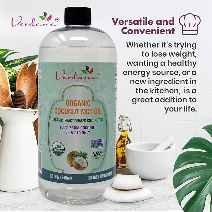 Verdana Organic MCT Oil 32 oz – Food Grade USDA Organic for Keto Coffee Unflavored Natural Oil Pulling Mouthwash &amp Massage - Coconut Derived Fractionated – Medium Chain C8 C10 – Non-GMO Kosher