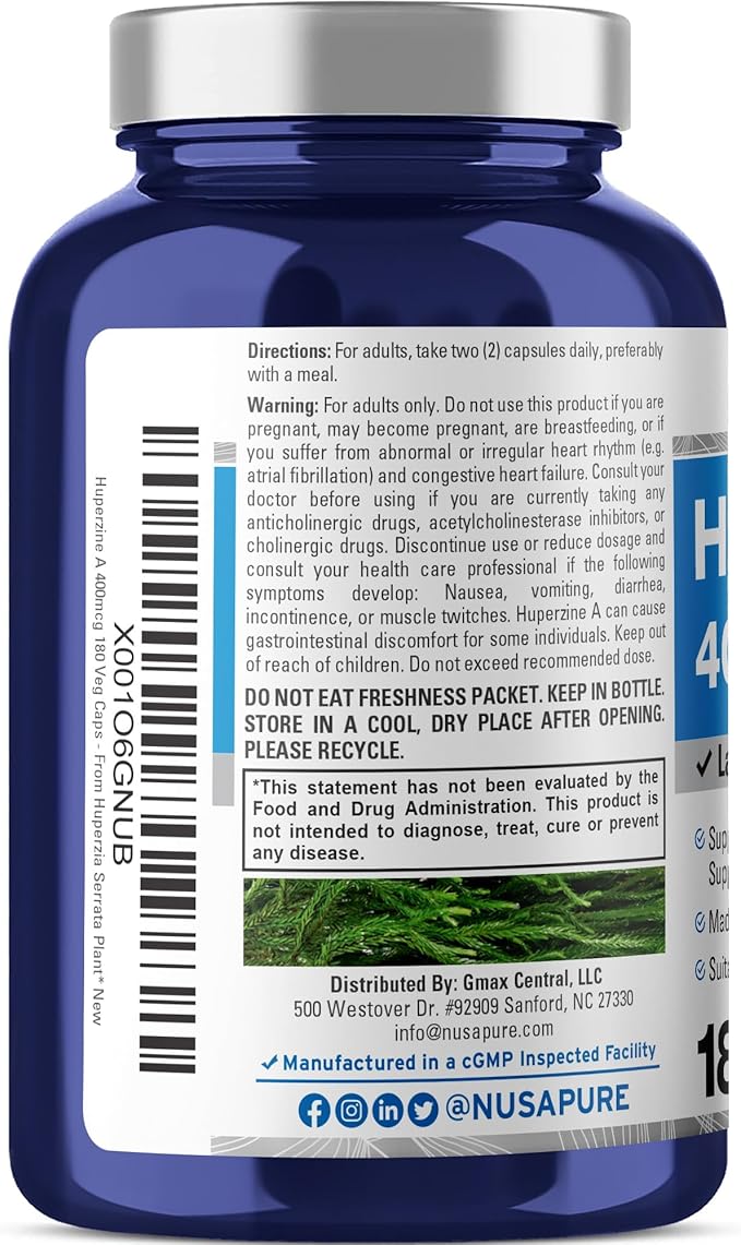 NusaPure Huperzine A 400mcg 180 Veggie Capsules (Vegetarian Non-GMO Vegan)