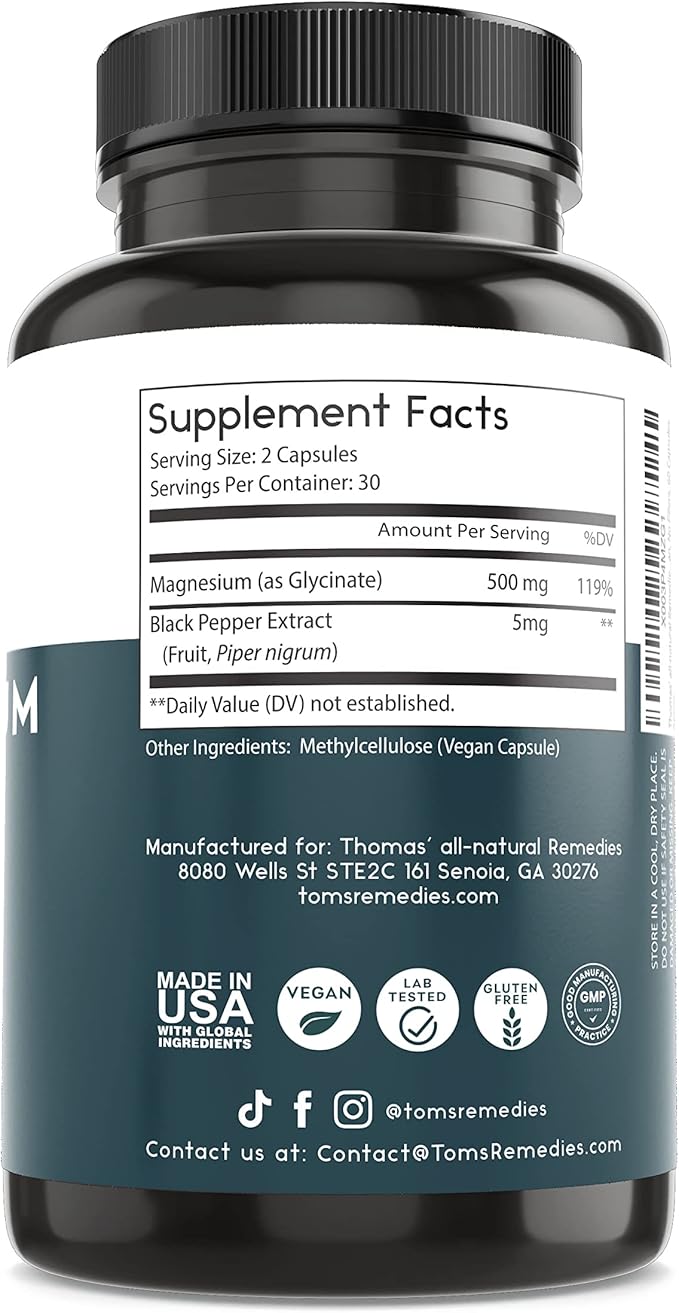 Thomas' all-natural Remedies Magnesium Glycinate Supplements High Absorption Dietary Supplements for Muscle and Bone Support Non-GMO No Fillers 60 Vegan Capsules 500mg per Serving