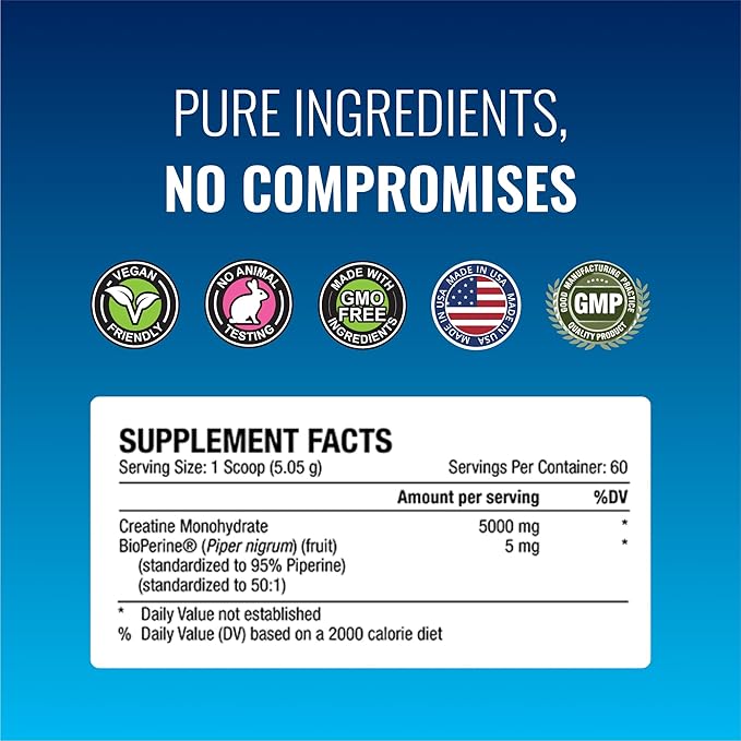 Approved Science Creatine Monohydrate Powder – with BioPerine – Supports Strength Lean Muscle &amp Recovery – 5 g Per Serving – Unflavored Creatine Powder – Non-GMO Vegan – 60 Servings