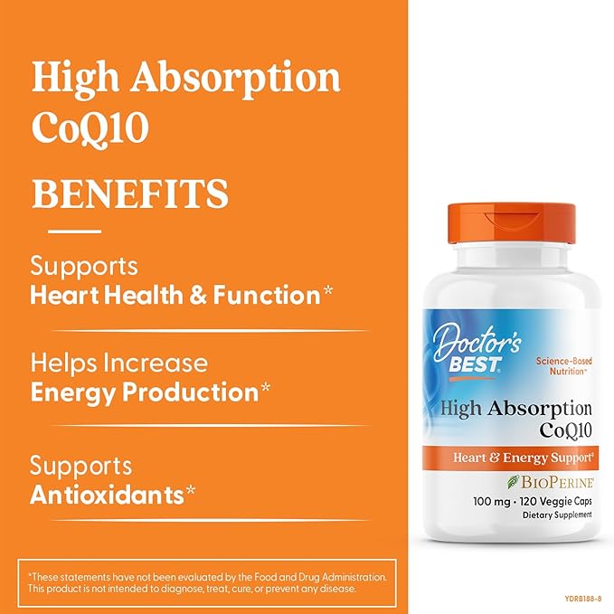 Doctor's Best High Absorption CoQ10 with BioPerine Supplement - Coenzyme Q10 Caps for Heart Health &amp Antioxidant Support CoQ10 100mg for Women &amp Men Non GMO Naturally Fermented - 120 Veg Ca