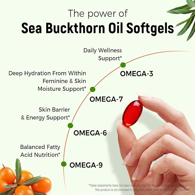 Organic Omega 7 Sea Buckthorn Oil Capsules - Omega 7 3-6-9 Supplements for Skin Eye Hair &amp Nail Health Hydration &amp Wellness SupportUSDA-Certified 30 Softgels Travel-Friendly