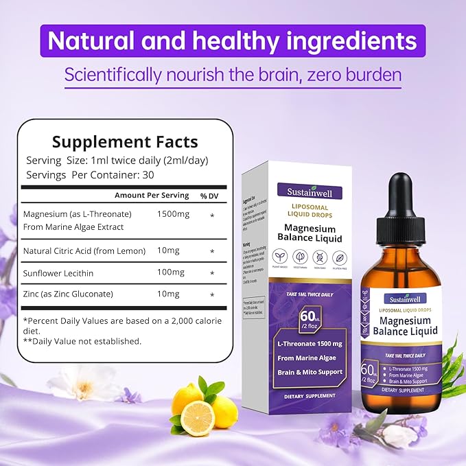 Magnesium L-Threonate Liquid Drops Magnesium L Threonate Supplement 1500mg High Absorption Brain Supplement for Memory Focus Sleep Sugar Free Vegan 4.08 Fl Oz(2 Pack)