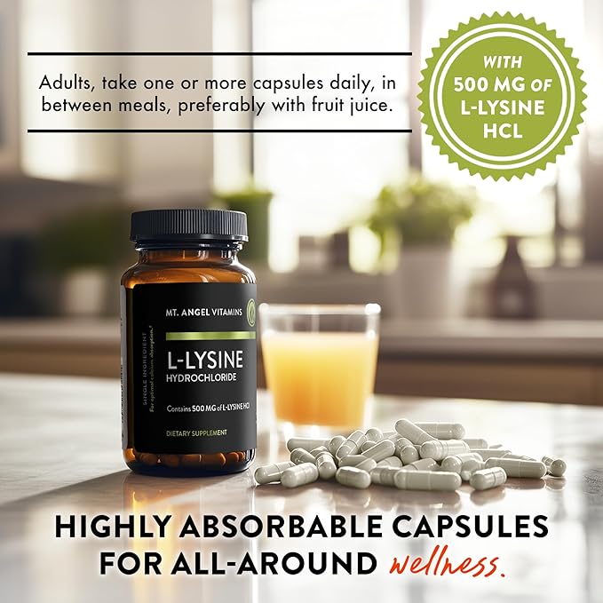 Mt. Angel Vitamins - Premium L-Lysine 500mg Capsules – Vegan-Friendly Essential Amino Acid – Supports Immune System &amp Collagen Formation – Non-GMO – 60 Capsules (Pack of 2)