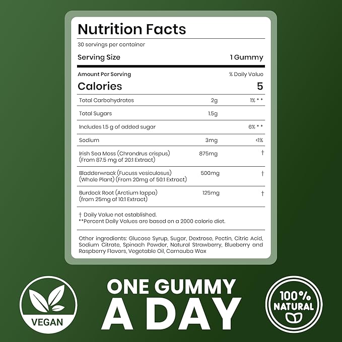 Cured Sea Moss Gummies | Made in America w/Raw Sea Moss Bladderwrack &amp Burdock Root | Potent Seamoss Gummies for Immune Gut &amp Skin Health | 3X Stronger Than Gel | 30 Day Supply