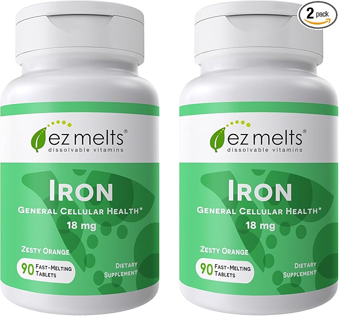 EZ Melts Iron - Supplement for Daily Energy &amp Iron Support - with Vitamin C - No Artificial Flavors - Non-GMO &amp Vegan - Zesty Orange - 180 Dissolvable Tablets (180 Servings)