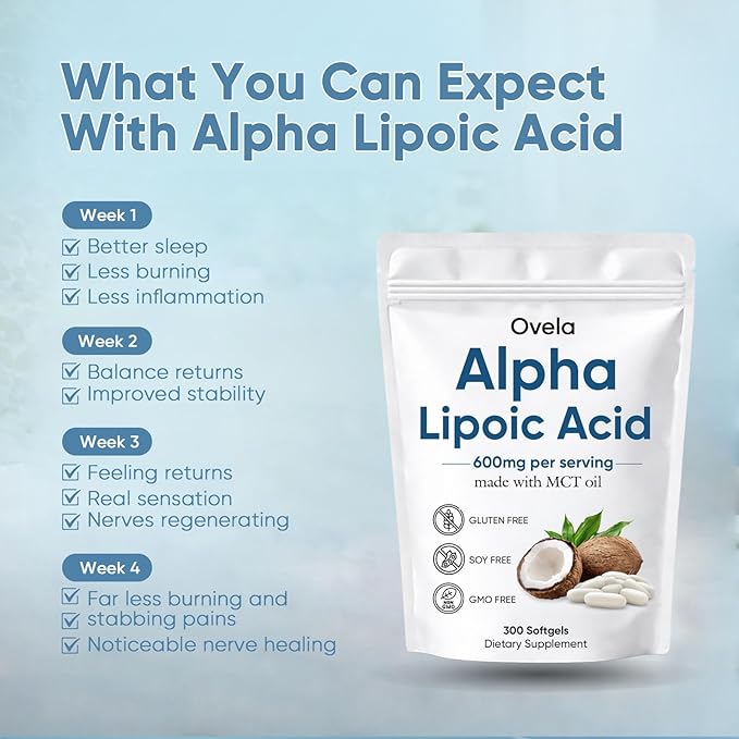 Aacnre Ovela Alpha Lipoic Acid 600mg with MCT Oil Antioxidant Support for Nerve Energy &amp Cellular Health Non-GMO Vegan Gluten Free 300 Softgels