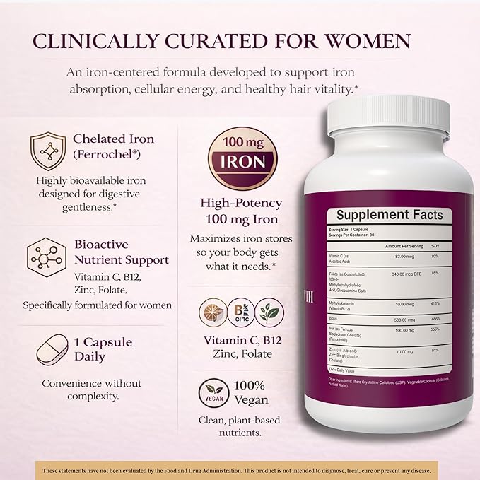 Iron Supplement for Hair Growth – Ferrochel® 100mg Iron Zinc Biotin &amp Vitamin C – Ferritin &amp Hair Loss Support for Women – Vegan – 30 Capsules