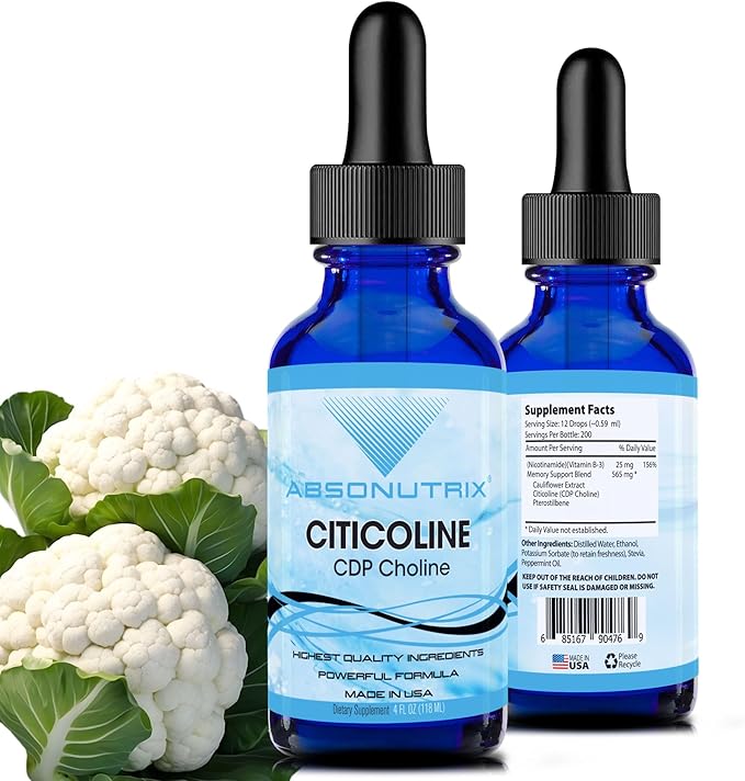 Absonutrix Citicoline 590 mg 4 Oz Bottle 200 Servings Made in USA Quick Absorption Quality Potent Ingredients Non-GMO GMP Certified Cruelty-Free Products