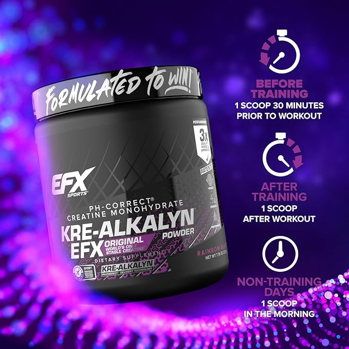 EFX Sports Kre-Alkalyn EFX Powder | pH Correct Creatine Monohydrate Powder Supplement | Strength Muscle Growth &amp Performance | 110 Servings (Rainbow Blast)