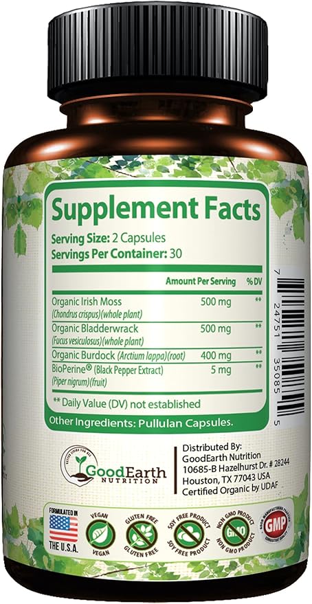Vegan Organic Irish Sea Moss Capsules - Bladderwrack &amp Burdock Root Supplement - Raw &amp Wildcrafted Super Seamoss - Immune Support - Aids Healthy Thyroid &amp Skin - Helps Detoxification