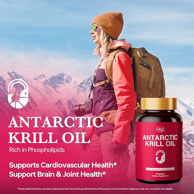 HUJ Antarctic Krill Oil 1000mg with Omega-3s EPA DHA Astaxanthin Phospholipids and Choline - Sustainably Sourced - 60 Softgels