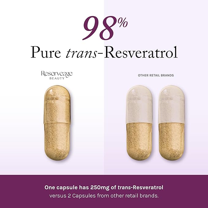 Reserveage Beauty Resveratrol 250 mg - Best Trans-Resveratrol - Vegan Antioxidant Supplement for Cellular &amp Heart Health - Aids Healthy Aging &amp Immune Health - 120 Capsules