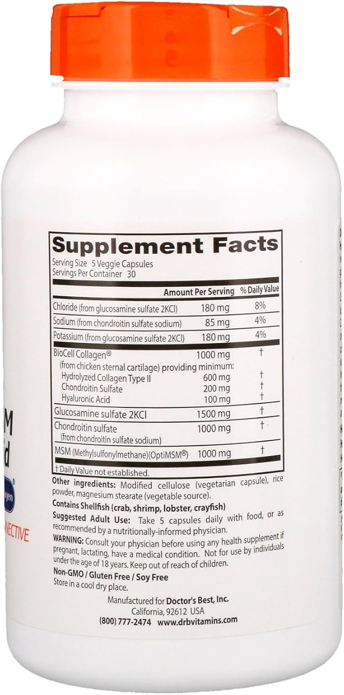 Doctor's Best Glucosamine Chondroitin MSM + Hyaluronic Acid with OptiMSM Featuring Biocell Collagen Joint Support Non-GMO Gluten &amp Soy Free 150 Caps