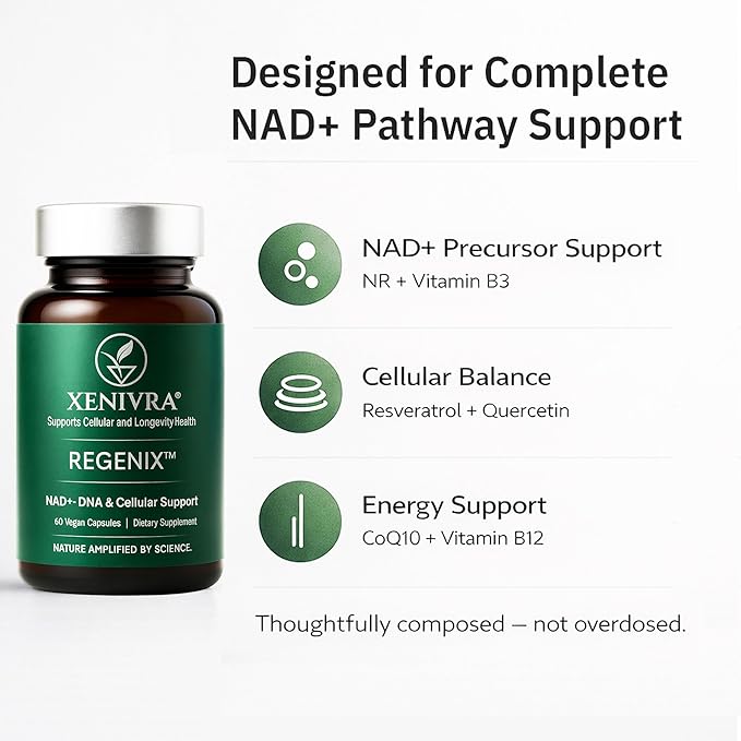 Xenivra Regenix™ NAD+ Supplement | NAD Booster with Nicotinamide Riboside (NR) | Cellular Energy &amp Healthy Aging | Resveratrol &amp CoQ10 | 60 Vegan Capsules