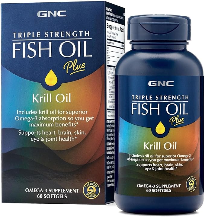 GNC Triple Strength Fish Oil Plus Krill Oil Omega 3 Supplement 1000mg EPA and DHA Supports Heart Brain Skin Eye and Joint Health 60 Softgels