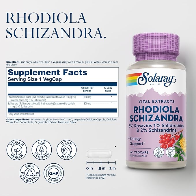 SOLARAY Rhodiola Schizandra - Rhodiola Rosea Extract - Energy Support and Occasional Stress Relief Supplement - Vegan Lab Verified 60-Day Guarantee - 60 Servings 60 VegCaps