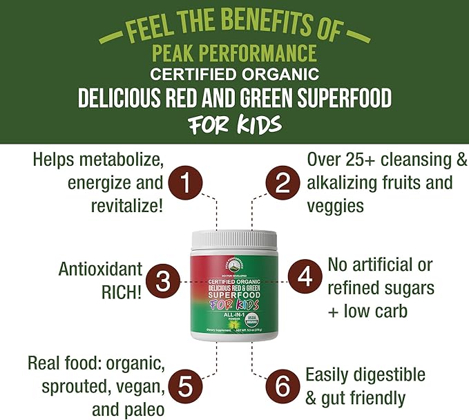 Kids Greens and Reds Superfood Powder - Best Tasting Organic Vegan Super Food Juice with 25+ Fruits and Vegetables - Gluten Free Real Food Vitamins - Green and Red Superfoods Supplement for Children