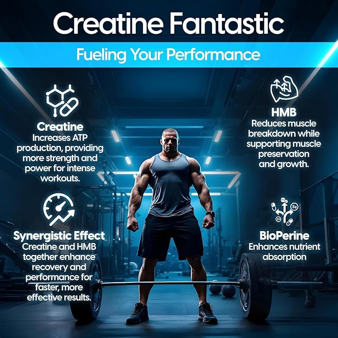 Fantastic Nutrition's Creatine + HMB — Clinically Dosed 5g Creapure German Creatine Monohydrate Plus 3g myHMB for Strength Lean Muscle &amp Recovery — 60 Servings Unflavored