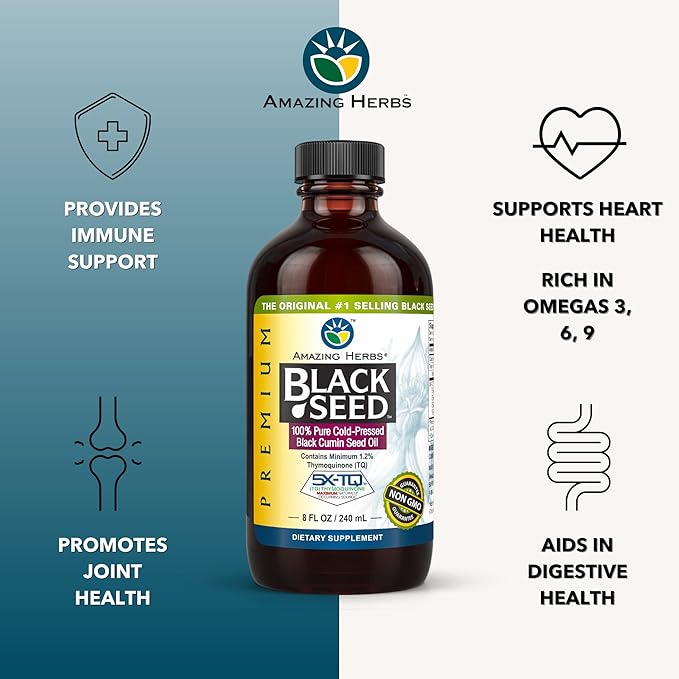 Amazing Herbs Premium Black Seed Oil - Gluten Free Non GMO Cold Pressed Nigella Sativa Aids in Digestive Health Immune Support Brain Function - 8 Fl Oz