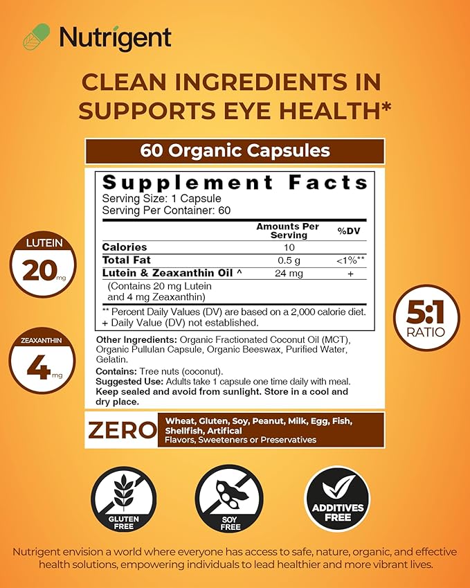 Lutein 20 mg with Zeaxanthin Liquid Filled Organic Capsules Eye Health Supplements Support Vision Health Gluten Free Soy Free (60ct)