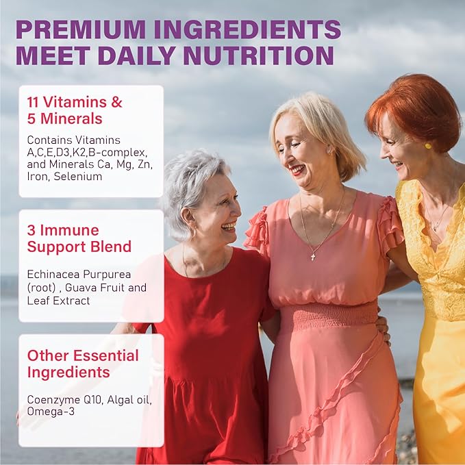 Multivitamin Gummies for Women 50 Plus - with Omega 3 Coenzyme Q10 Iron Calcium Zinc Vitamin A C D3 E K2 B Complex Folate - Multi Vitamins &amp Minerals for Energy Beauty Immune Sugar F