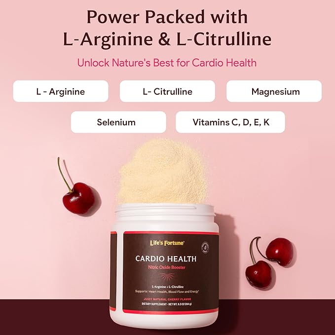 Life's Fortune 5000mg L- Arginine Supplement Powder &amp 1000mg L-Citrulline High Potency Nitric Oxide Health Booster Endurance Workout Performance Natural Cherry Flavor (20 Servings)