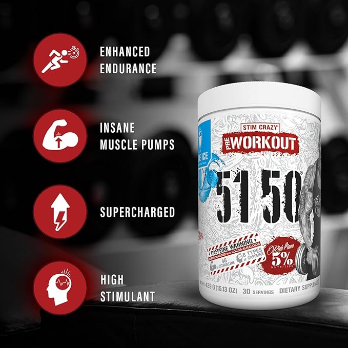 5% Nutrition Rich Piana 3-Stack | 5150 High-Stim Pre-Workout + FullAF Stim-Free Pre-Workout + AllDayYouMay Amino Acids BCAAs (Choose Your Flavors)