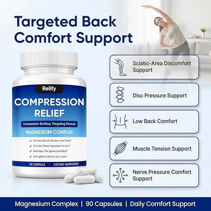Mentara Relify Compression Relief Capsules with 1000mg Magnesium Complex for Women &amp Men Support Back Spine &amp Discs Reduces Pressure Non-GMO 90 Capsules