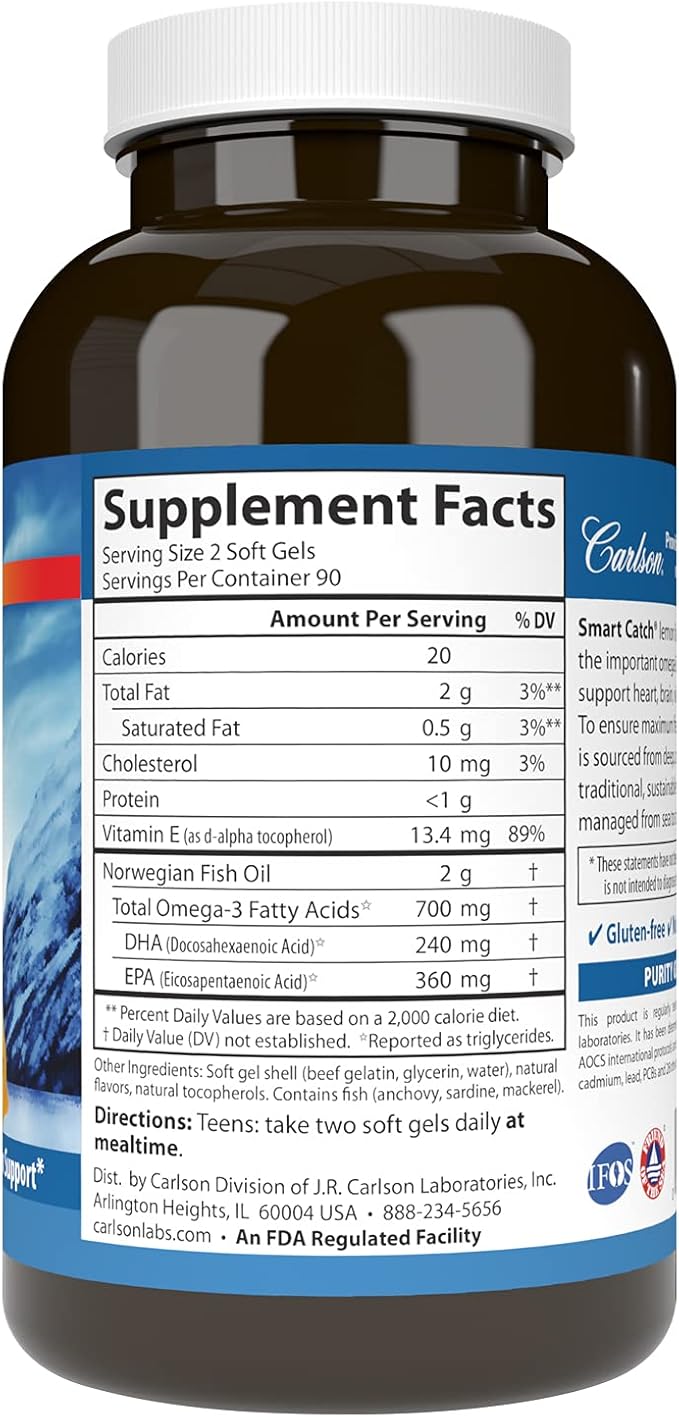 Carlson - Teen's Smart Catch 700 mg Omega-3s Cognitive Development Brain Function &amp Vision Support Lemon 180 Softgels