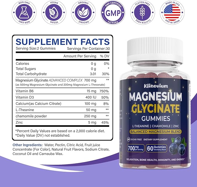700mg Magnesium Glycinate Gummies Highly Absorbed Sugar-Free Calm Magnesium Complex Gummies - with L-Theanine and B6 - Magnesium Supplements for Sleep CalmRelax &amp Immune Function (Blueberry)