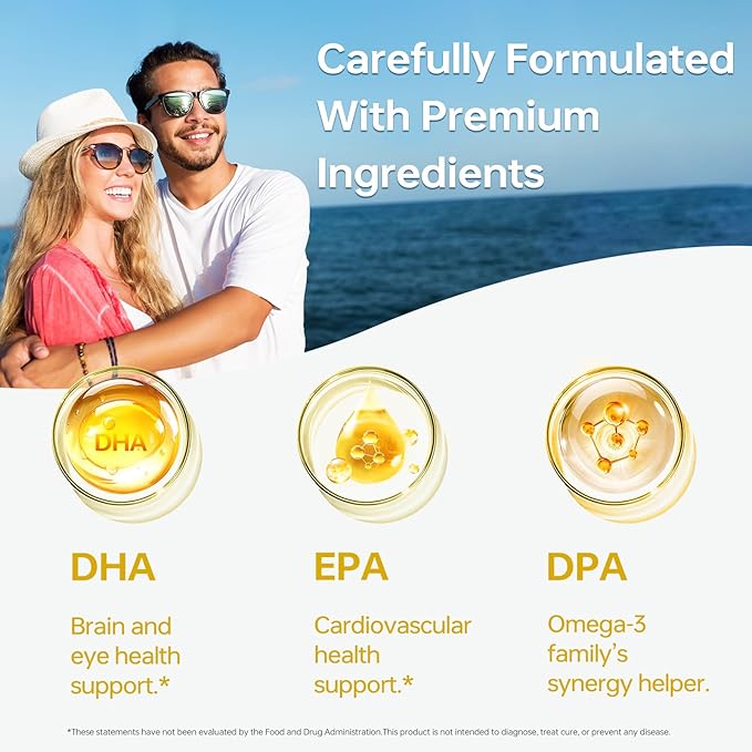 HUJ Omega 3 Fish Oil 1000mg Softgels - EPA+DPA Fish Oil Omega 3 for Heart Brain Skin Eyes &amp Cardiovascular Support *- 60 Softgels