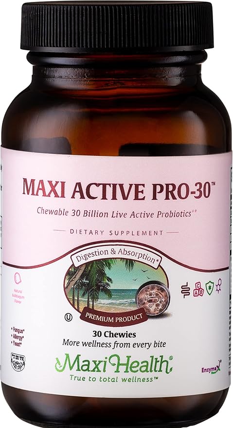 Maxi Health Maxi Active Pro-30 Chewables Probiotics for Kids – 15 Strains for Digestive &amp Immune Support – Kids Probiotic with 30 Billion CFU – Kosher Vegan Bubble Gum Flavor 30 Count