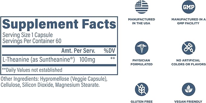 Revive MD Suntheanine L-Theanine Supplement for Men and Women - Supports Fatigue &amp Brain Function for Calm Mood Mental Clarity Focus &amp Relaxation - Vegan &amp Gluten-Free (60 Capsules 60 S