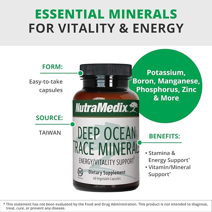 NutraMedix Deep Ocean Trace Minerals 1000mg - Mineral &amp Energy Supplements - Magnesium Zinc Potassium Boron Phosphorus &amp Manganese - Electrolyte Support (60 Capsules)