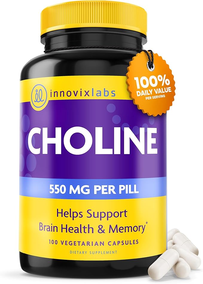 InnovixLabs Choline Supplement 550mg Pure Choline Bitartrate for Brain Health Focus Memory Cognitive Development Fatty Liver and Mood Support for Women and Men 100 Capsules