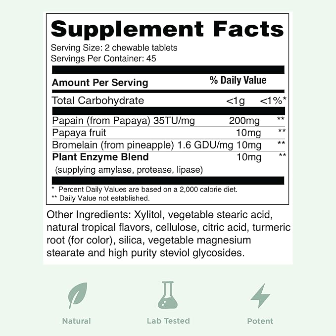 Yuve Naturals Chewable Papaya Enzymes - Sugar-Free Plant-Based Digestive Enzyme Complex for Gas Bloating &amp Post-Meal Comfort - Vegan Non-GMO Gluten-Free - 90ct