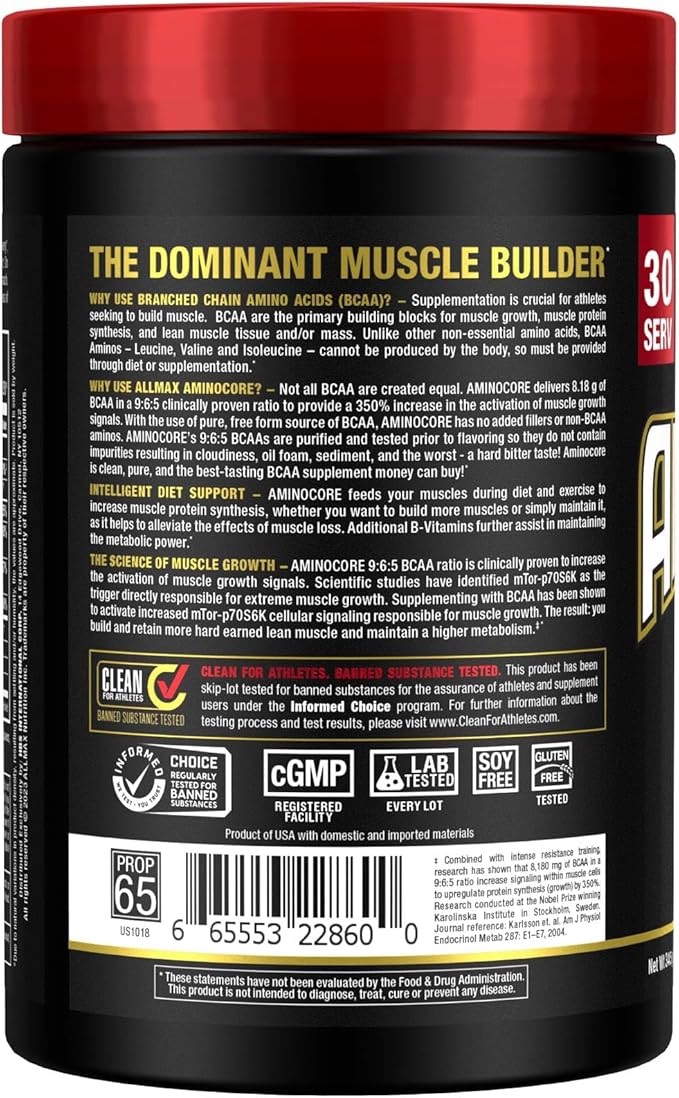 ALLMAX AMINOCORE BCAA Powder for Workout Muscle Recovery &amp Increased Endurance - Sugar Free No Fillers 8.18 Grams Bcaas Amino Acids B Vitamins for Women and Men - 30 Servings | Blue Raspberry 3